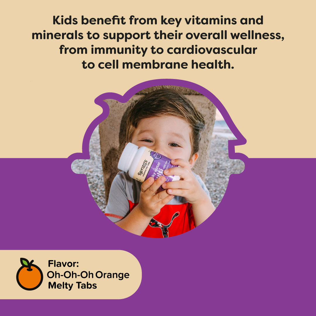 Image depicting multiple benefits of Renzo's Multivitamin formula crucial in kids development. Happy kid holds a bottle of the multivitamin